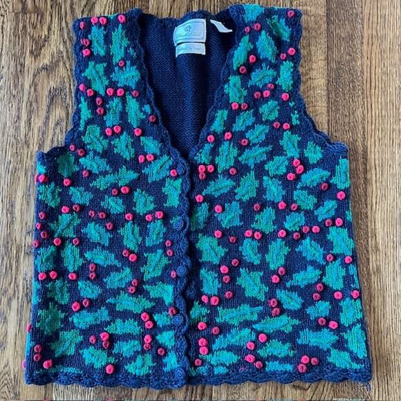 VTG Chandler Hill Handknit Christmas Holiday Sweater Vest Womens M Holly Berries - Picture 1 of 6
